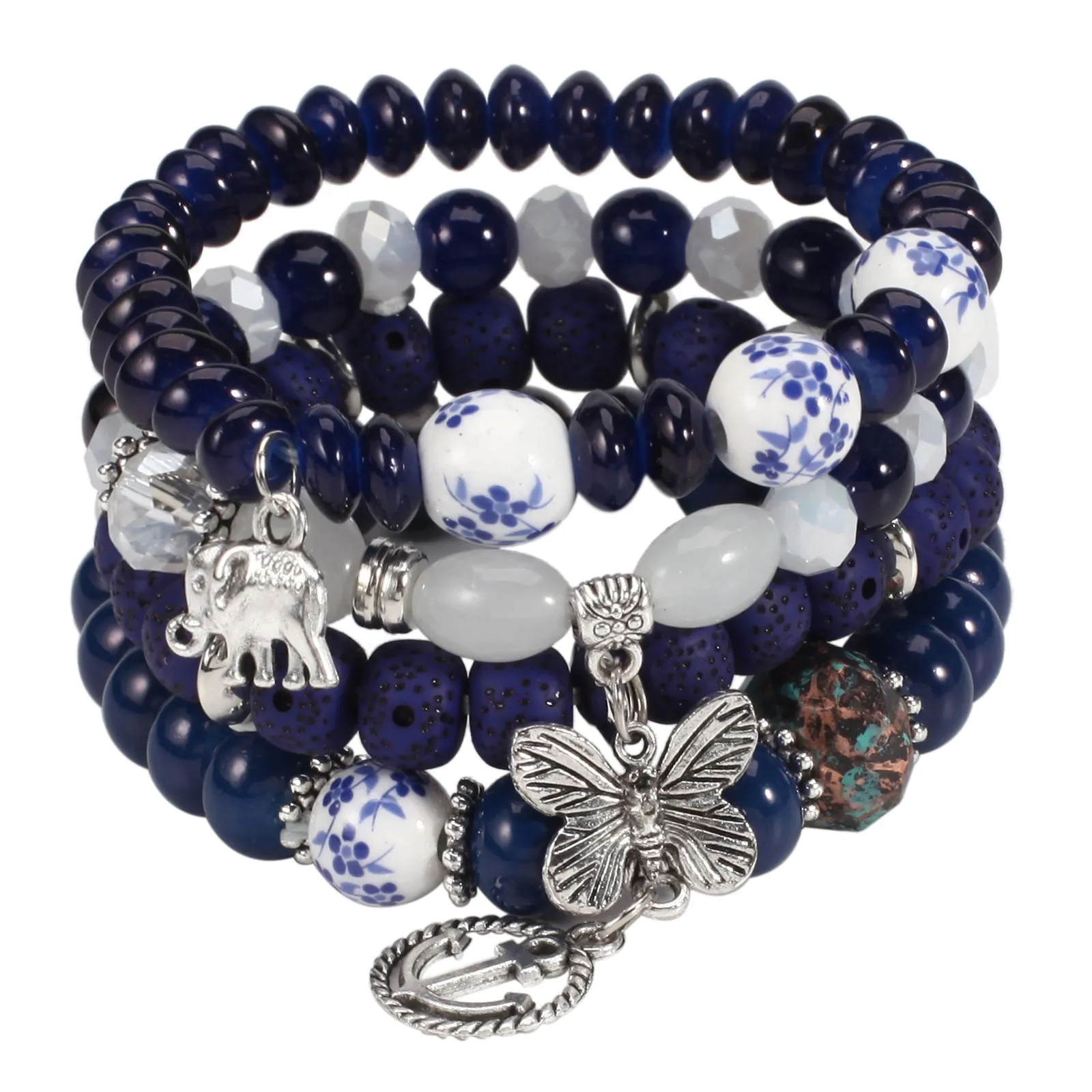 Multilayered Boho Beaded Bracelet with Elephant, Anchor & Butterfly Charms - Adjustable Stretch Stackable Design - Perfect Unisex Summer Beach Jewelry Accessory