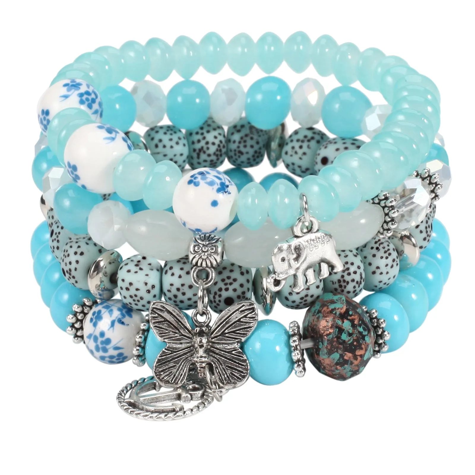 Multilayered Boho Beaded Bracelet with Elephant, Anchor & Butterfly Charms - Adjustable Stretch Stackable Design - Perfect Unisex Summer Beach Jewelry Accessory