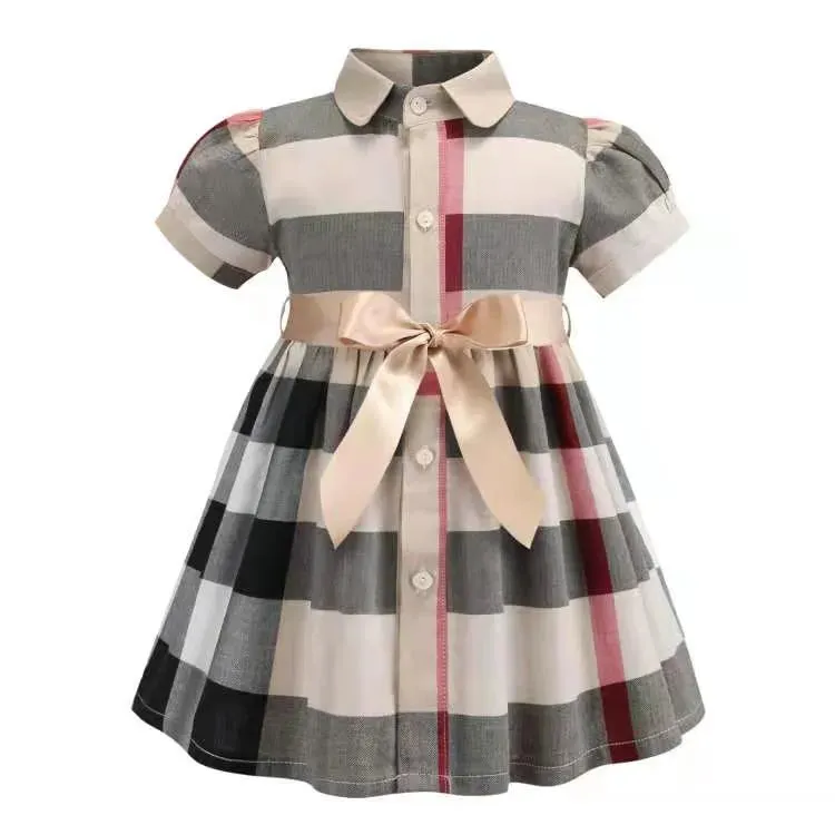 New Baby Girls Dress Spring Autumn Kids Long Sleeve Plaid Dress Cotton Children Bow Skirts Clothes