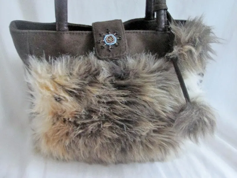 NEW Faux Vegan Leather Fur TOTE Satchel Shoulder Bag Shopper BROWN POM POM