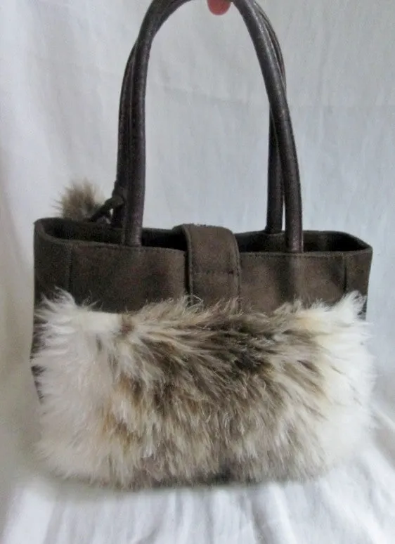 NEW Faux Vegan Leather Fur TOTE Satchel Shoulder Bag Shopper BROWN POM POM