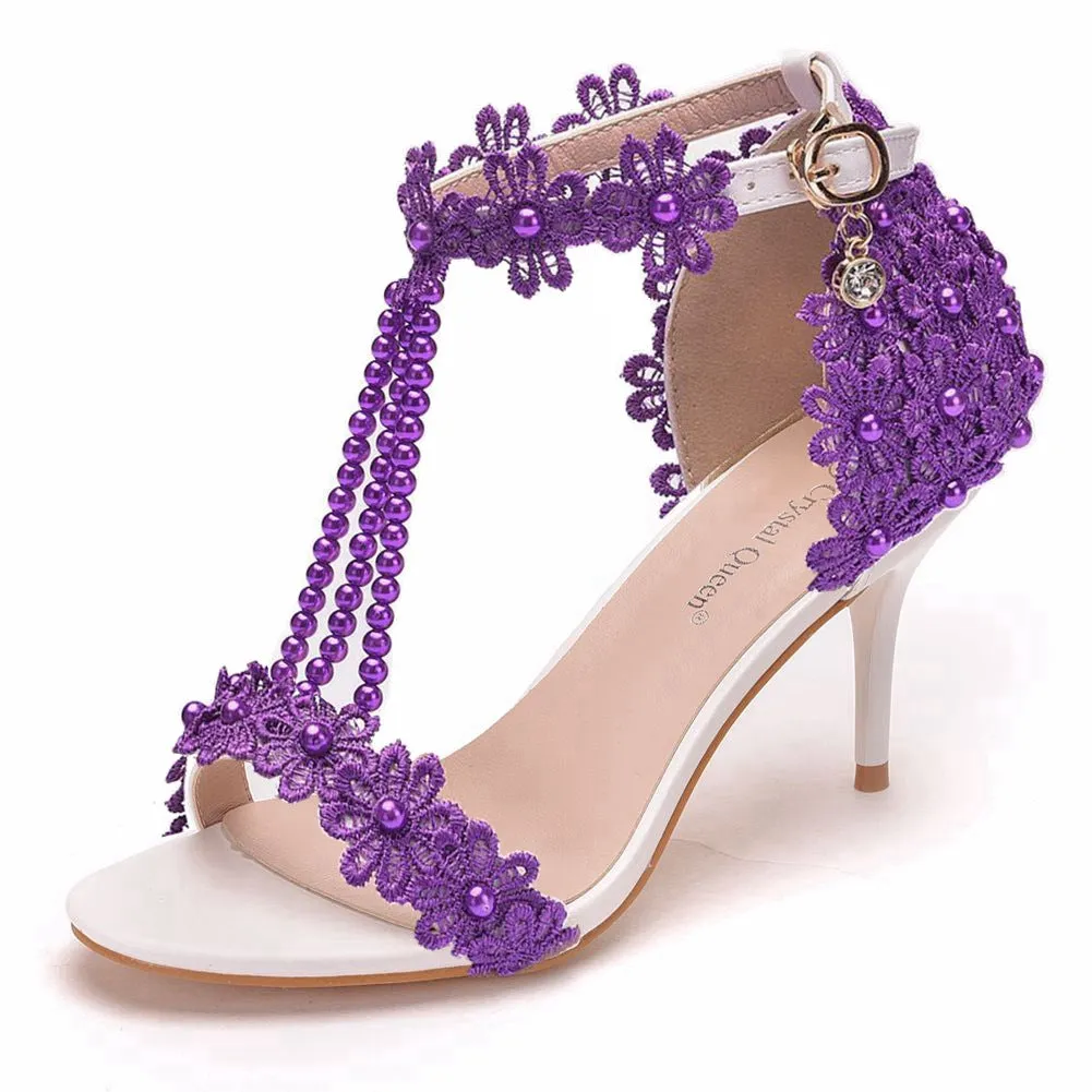 One Strap Beaded Lace Flowers Wedding Shoes High-heeled Sandals