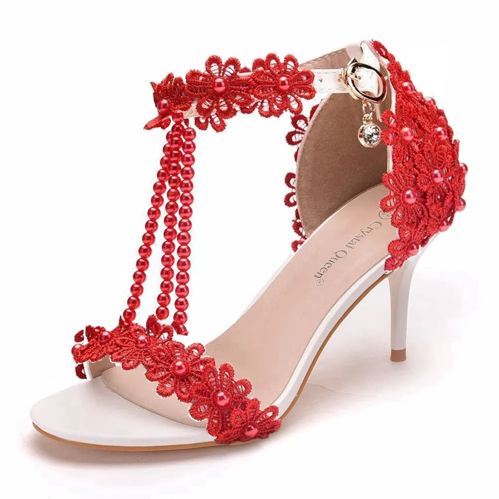 One Strap Beaded Lace Flowers Wedding Shoes High-heeled Sandals