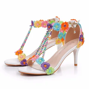 One Strap Beaded Lace Flowers Wedding Shoes High-heeled Sandals