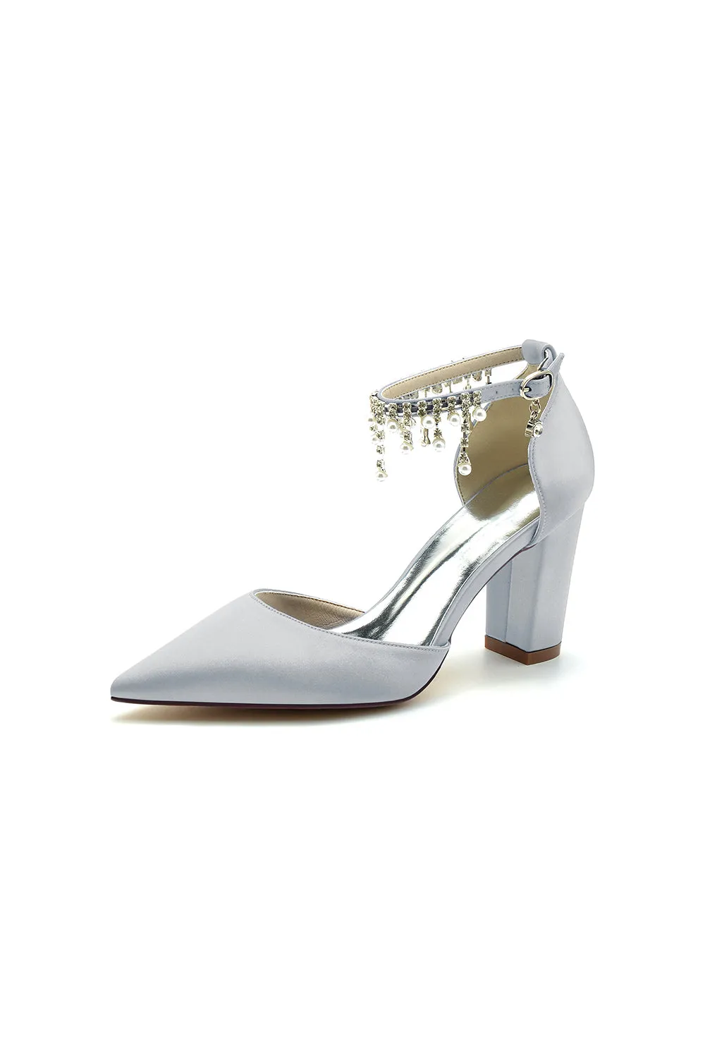 Pearl Beaded Pointed Toe Ankle Strap Chunky Heel