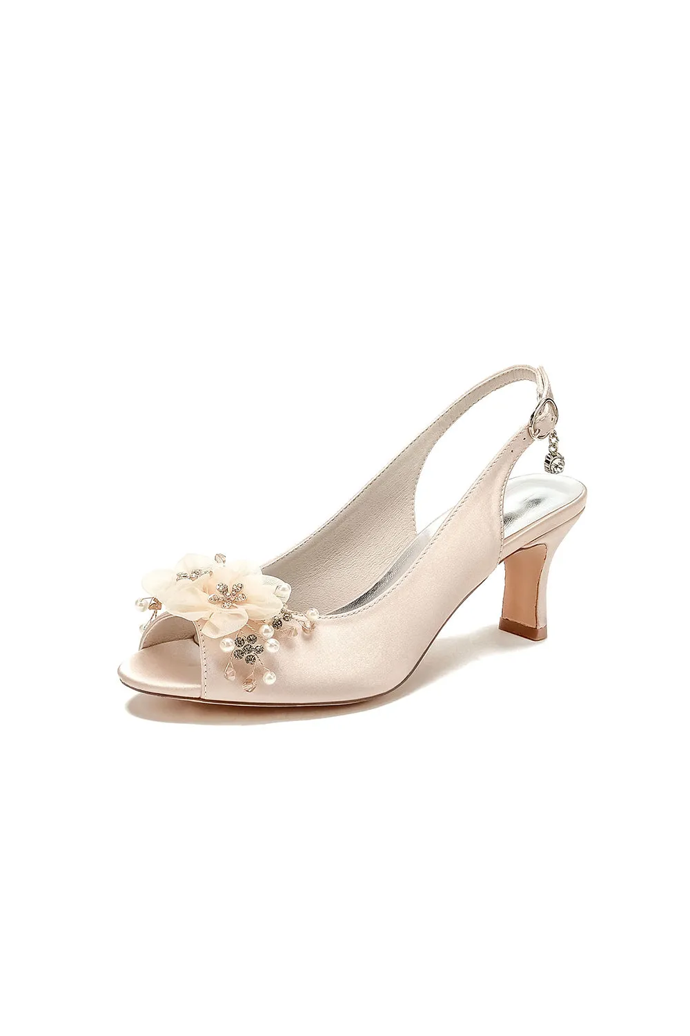 Peep Toe Slingback Beaded Chunky Wedding Shoes with Flowers