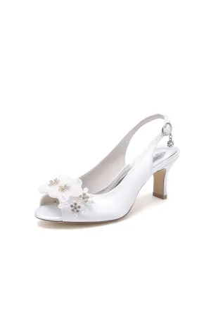 Peep Toe Slingback Beaded Chunky Wedding Shoes with Flowers