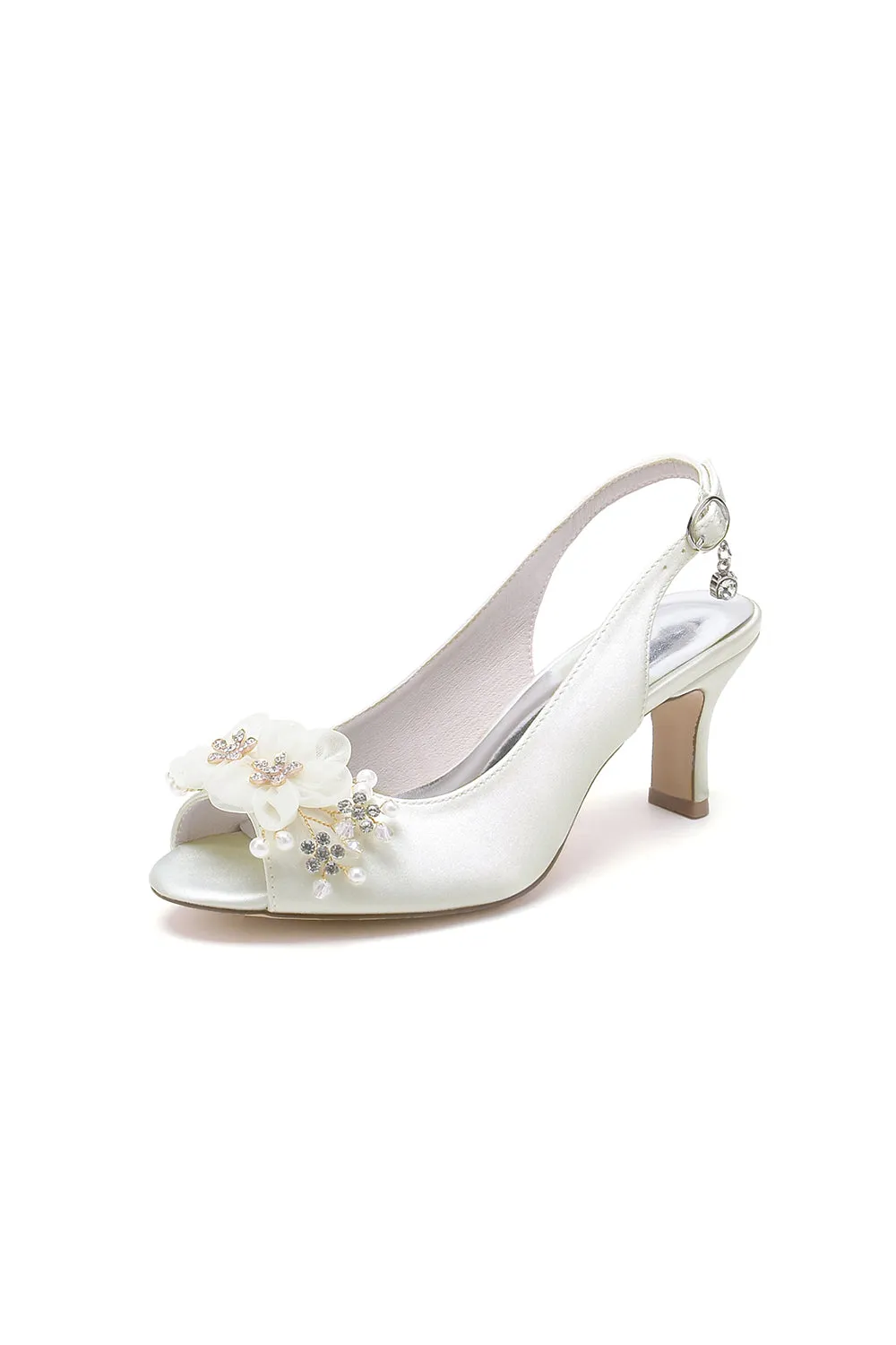 Peep Toe Slingback Beaded Chunky Wedding Shoes with Flowers