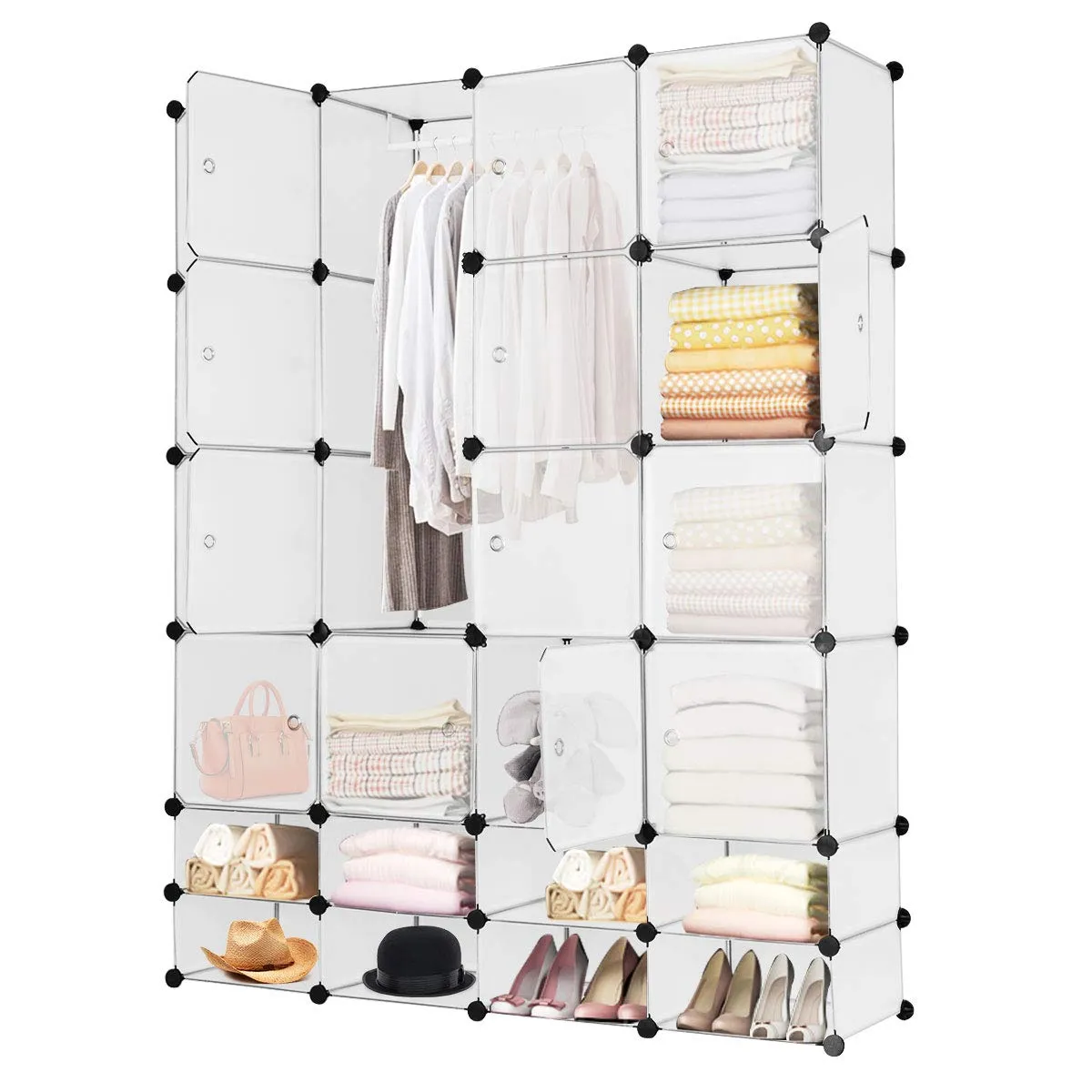 Portable Clothes Closet Wardrobe Bedroom Armoire DIY Storage Organizer Closet with Doors, 16 Cubes and 8 Shoe Racks