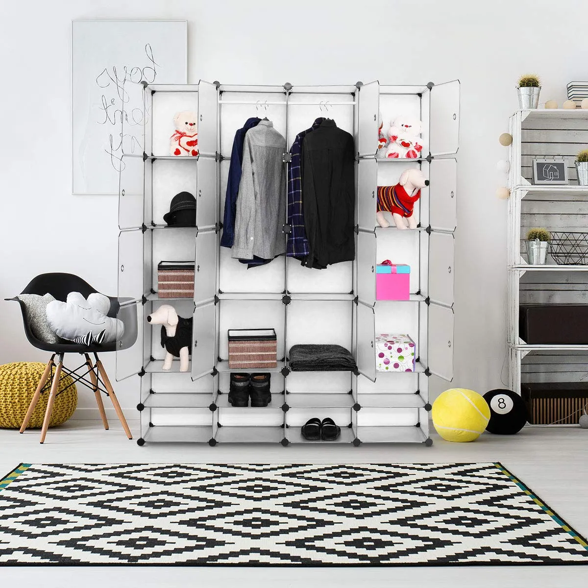 Portable Clothes Closet Wardrobe Bedroom Armoire DIY Storage Organizer Closet with Doors, 16 Cubes and 8 Shoe Racks