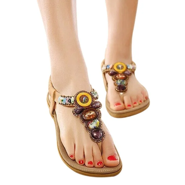 Purpdrank - Bohemian Women Sandals Gemstone Beaded Slippers Summer Beach Sandals Women Flip Flops Ladies Flat Sandals Shoes