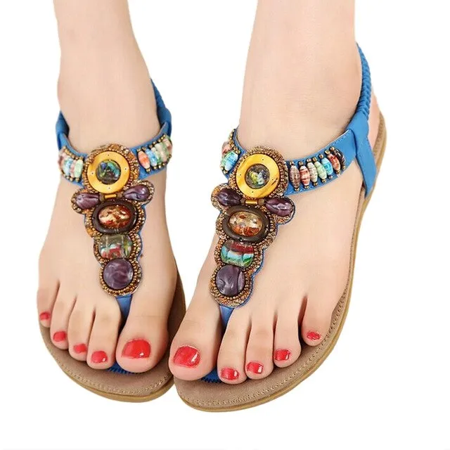 Purpdrank - Bohemian Women Sandals Gemstone Beaded Slippers Summer Beach Sandals Women Flip Flops Ladies Flat Sandals Shoes