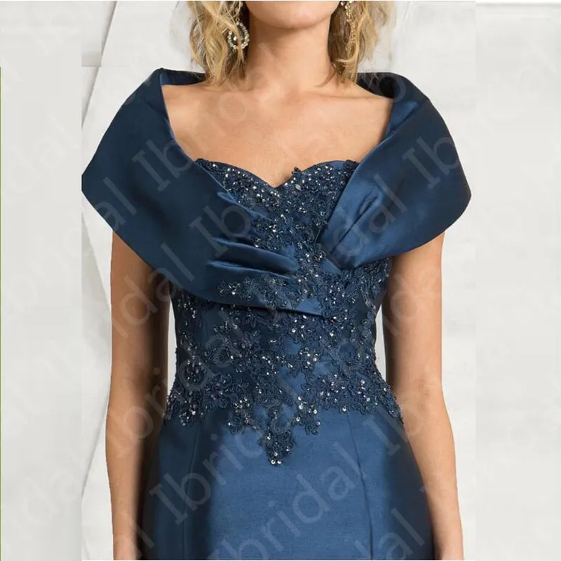 Purpdrank - Latest Elegant Mermaid Navy Lace Applique Cap Sleeve Mother of the Bride Dresses Beaded Wedding Guest Gowns Full Length