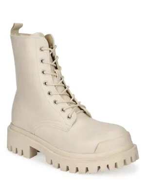 Putty Beige PU Lace Up Combat Ankle Boots