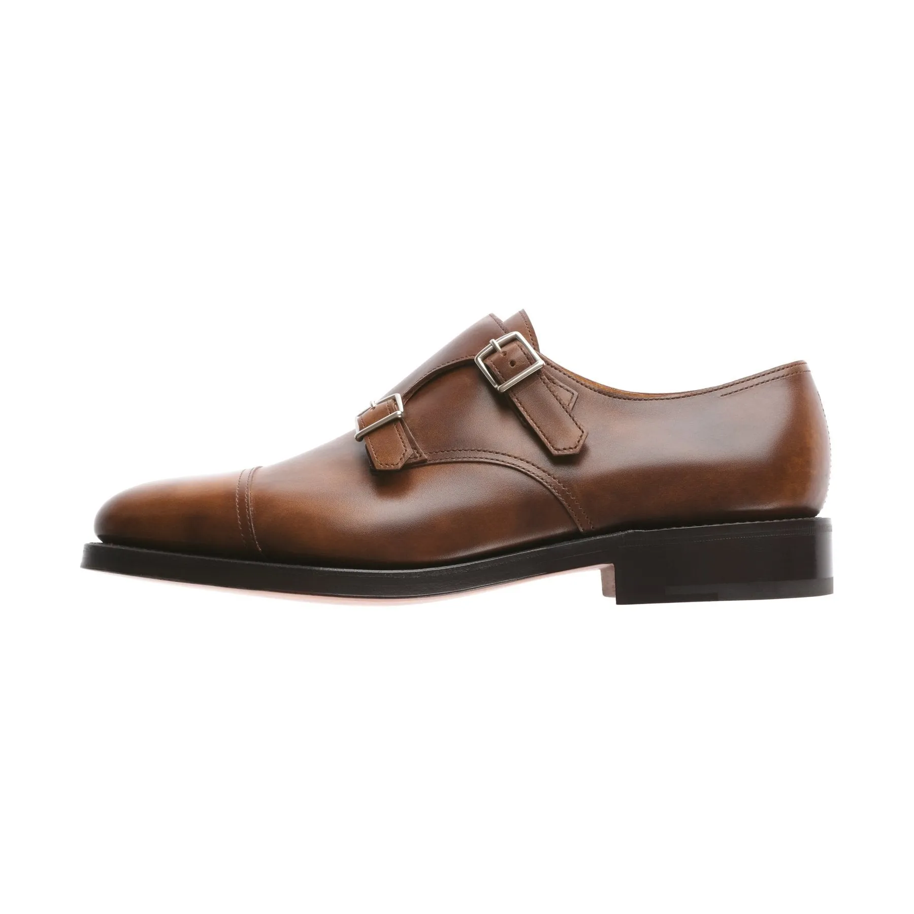 "William" Leather Double Monk with Hand-Stitched Cap Toe in Brown