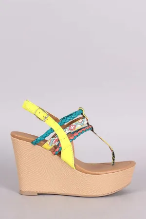 Qupid Beaded Snake T-Strap Slingback Platform Wedge