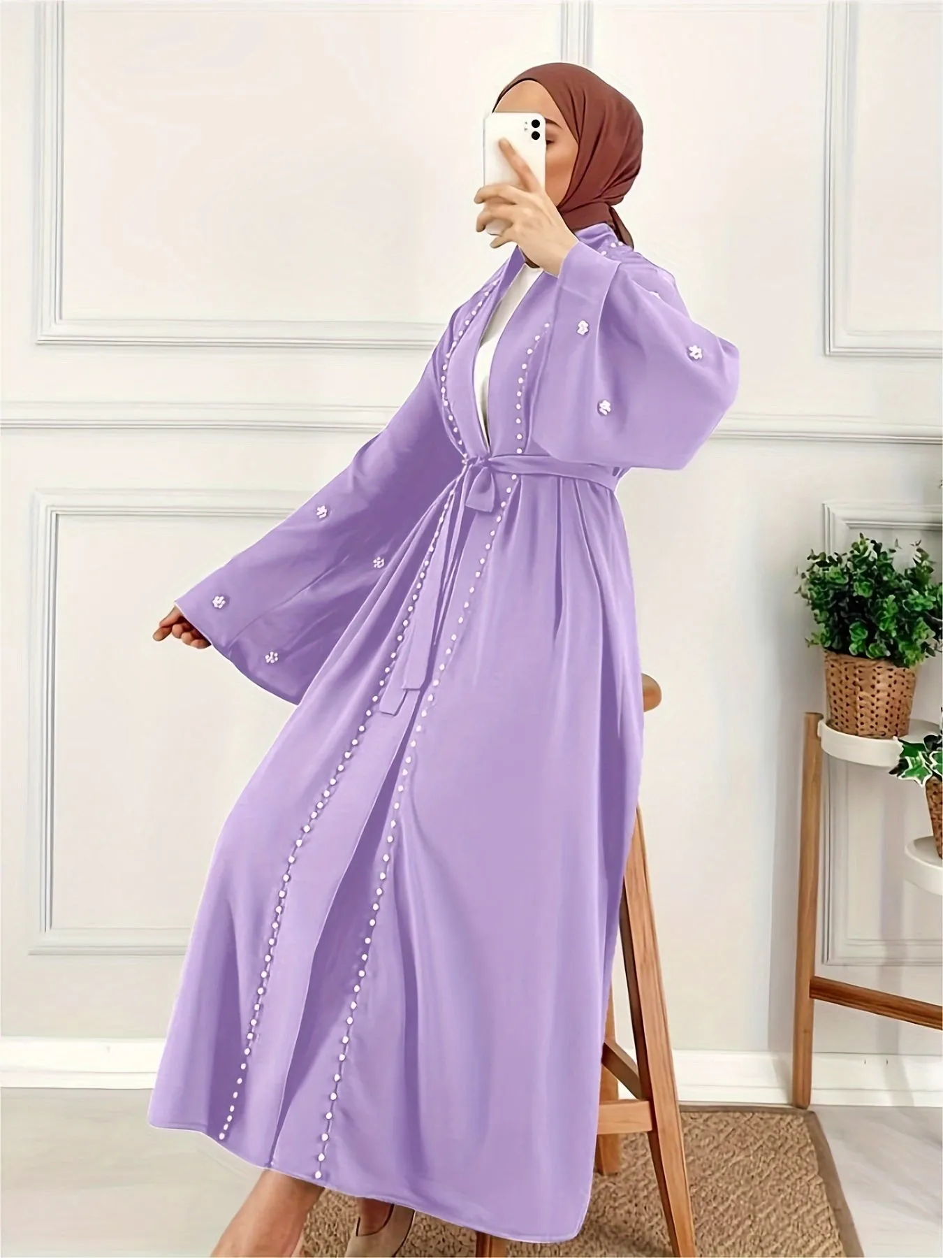 Ramadan Glamour - Solid Beaded Open Front Burqa Maxi Dress with Belted Waist - Timeless & Elegant Womens Clothing for Ramadan