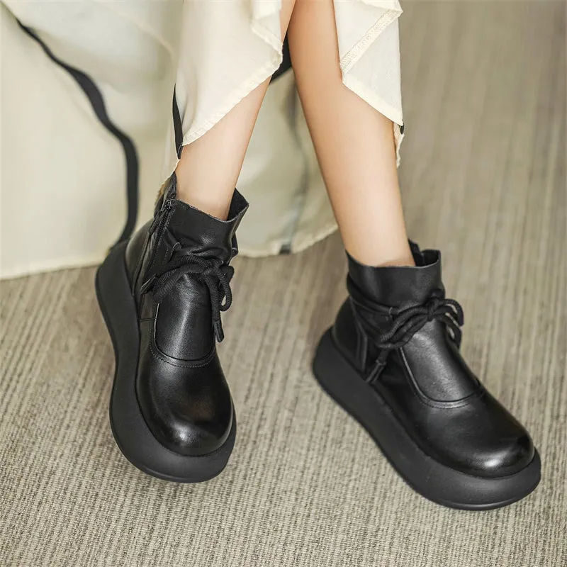 Round Toe Platform Boots For Women Handmade Lace-Up Leather Designer Ankle Booties in Black/Coffee