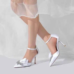 Satin Heels Ankle Strap Pumps With Beaded Closed Toe Event Shoes