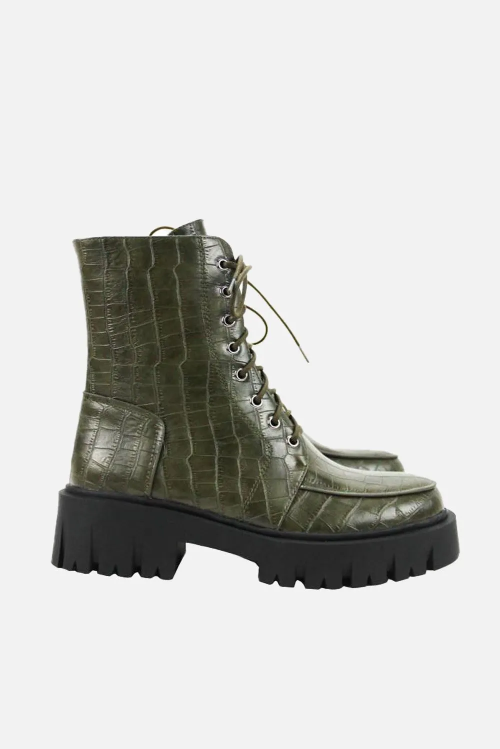 Shirmyl Chunky Sole Lace-up Biker Ankle Boots in Olive