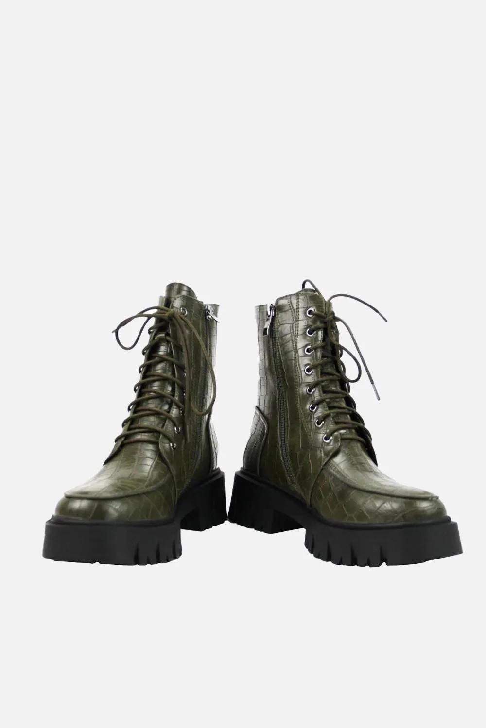 Shirmyl Chunky Sole Lace-up Biker Ankle Boots in Olive