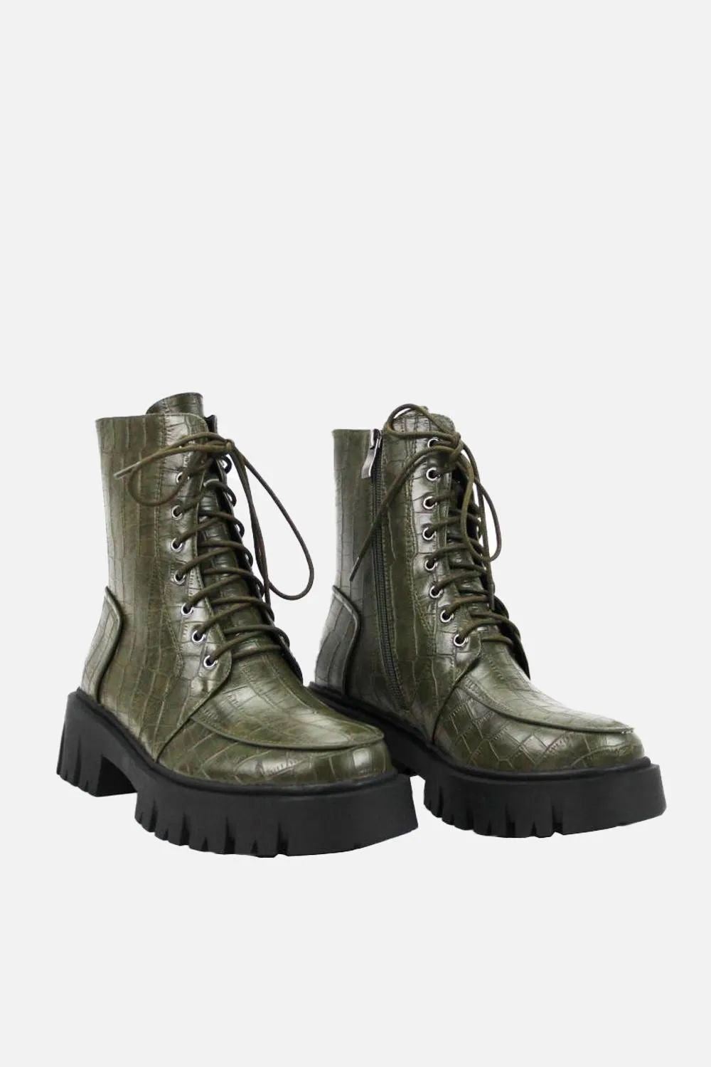 Shirmyl Chunky Sole Lace-up Biker Ankle Boots in Olive