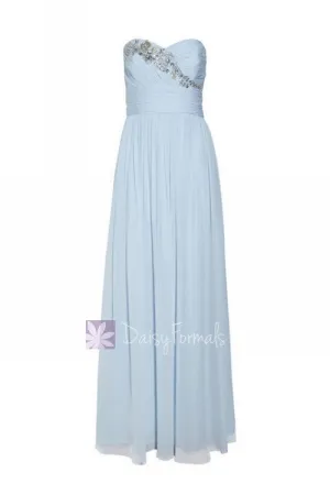 Simple Floor Length White Chiffon Prom Dress Strapless Beaded Evening Dress(3SP131)