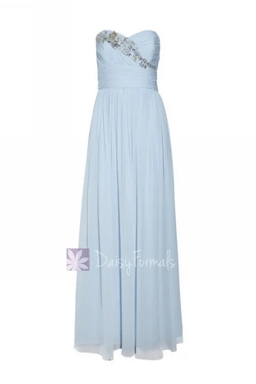 Simple Floor Length White Chiffon Prom Dress Strapless Beaded Evening Dress(3SP131)