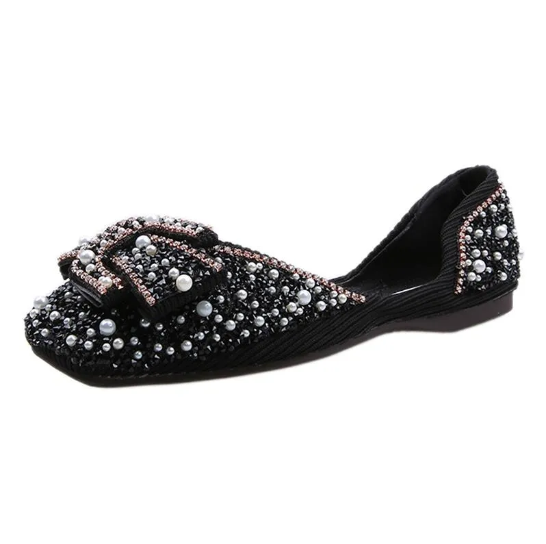 Single Shoes Women's  New Style Spring Spring Pearl Sequin Flat Top Shoes Versatile Low-Cut Gentle Fairy Shoes Scoop Shoe