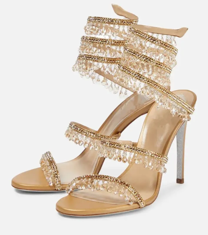 Snake Wrapped Rhinestone Tassel Open Toe High-heeled Sandals