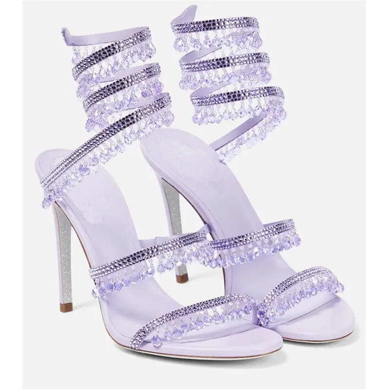 Snake Wrapped Rhinestone Tassel Open Toe High-heeled Sandals