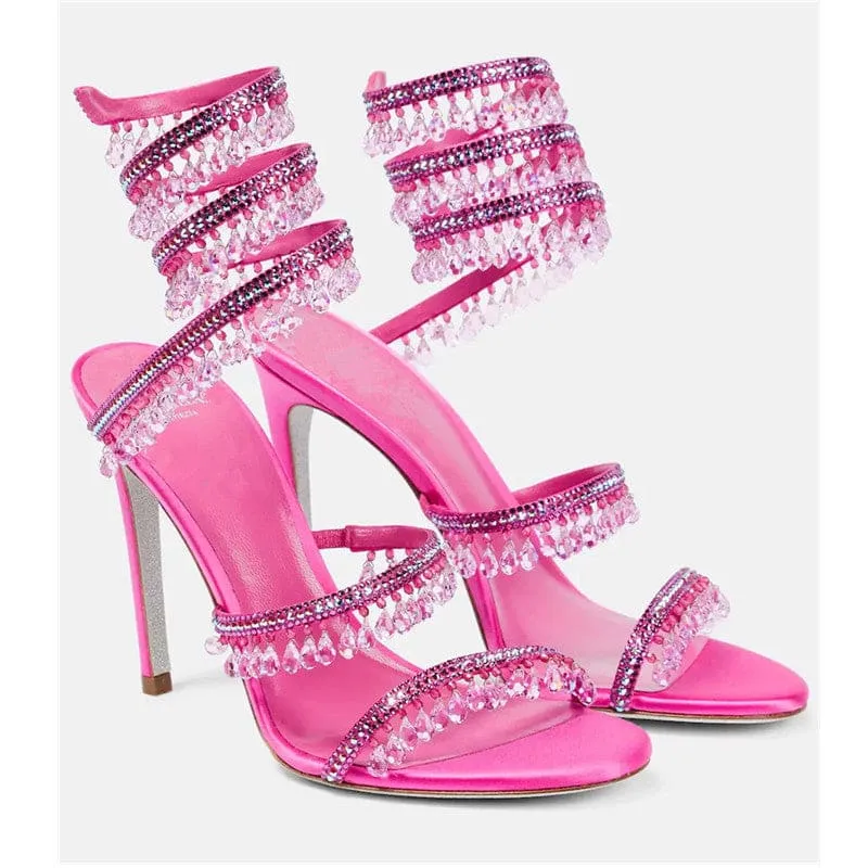 Snake Wrapped Rhinestone Tassel Open Toe High-heeled Sandals