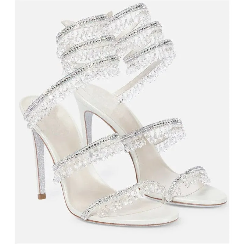 Snake Wrapped Rhinestone Tassel Open Toe High-heeled Sandals