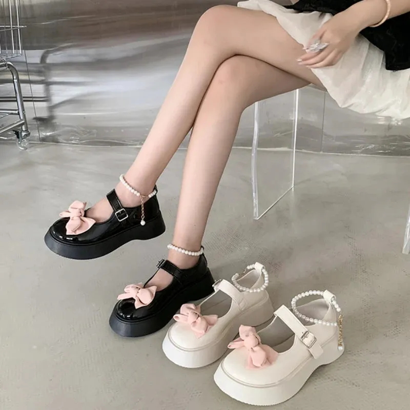 Sohiwoo Spring and Autumn Fashion New Beaded Round Toe Solid Color Casual and Comfortable Women's Banquet Bow Thick-soled Shoes