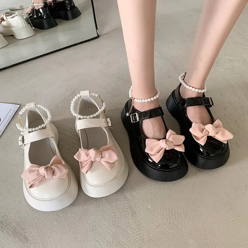 Sohiwoo Spring and Autumn Fashion New Beaded Round Toe Solid Color Casual and Comfortable Women's Banquet Bow Thick-soled Shoes