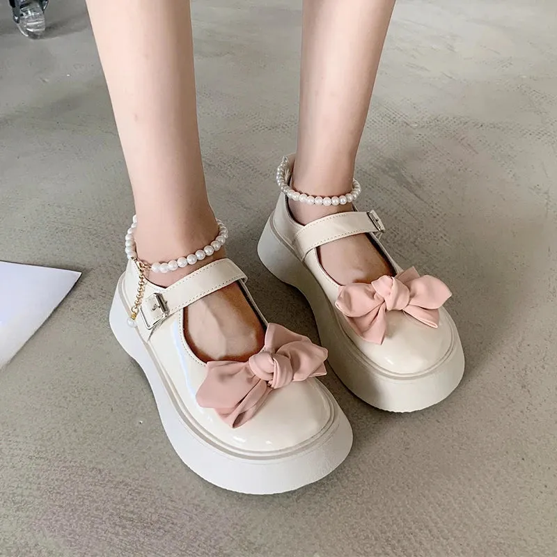 Sohiwoo Spring and Autumn Fashion New Beaded Round Toe Solid Color Casual and Comfortable Women's Banquet Bow Thick-soled Shoes