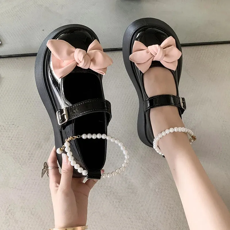 Sohiwoo Spring and Autumn Fashion New Beaded Round Toe Solid Color Casual and Comfortable Women's Banquet Bow Thick-soled Shoes