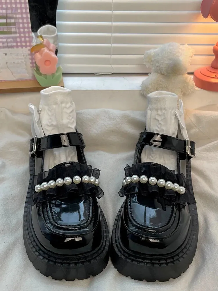 Sohiwoo Summer Mary Janes Japanese Style Fashion Shoes Girls Lolita Kawaii Black Shoes Beaded Buckle Vintage Sandals Women Casual