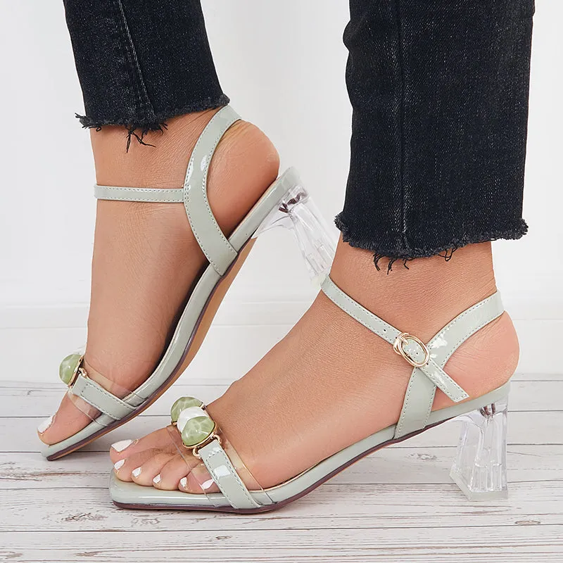 Sohiwoo Women Clear Chunky Heels Square Toe Ankle Strap Sandals