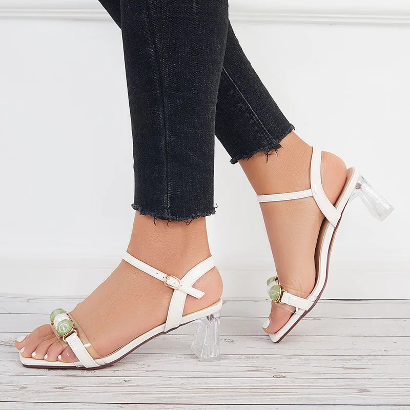 Sohiwoo Women Clear Chunky Heels Square Toe Ankle Strap Sandals