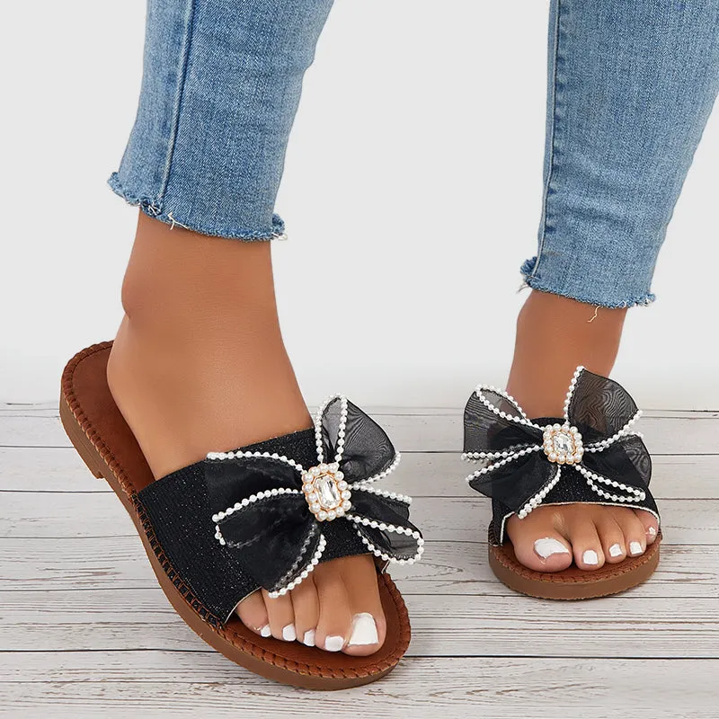 Sohiwoo Women Mesh Bowknot Flat Mule Slide Sandals Holiday Beach Slippers