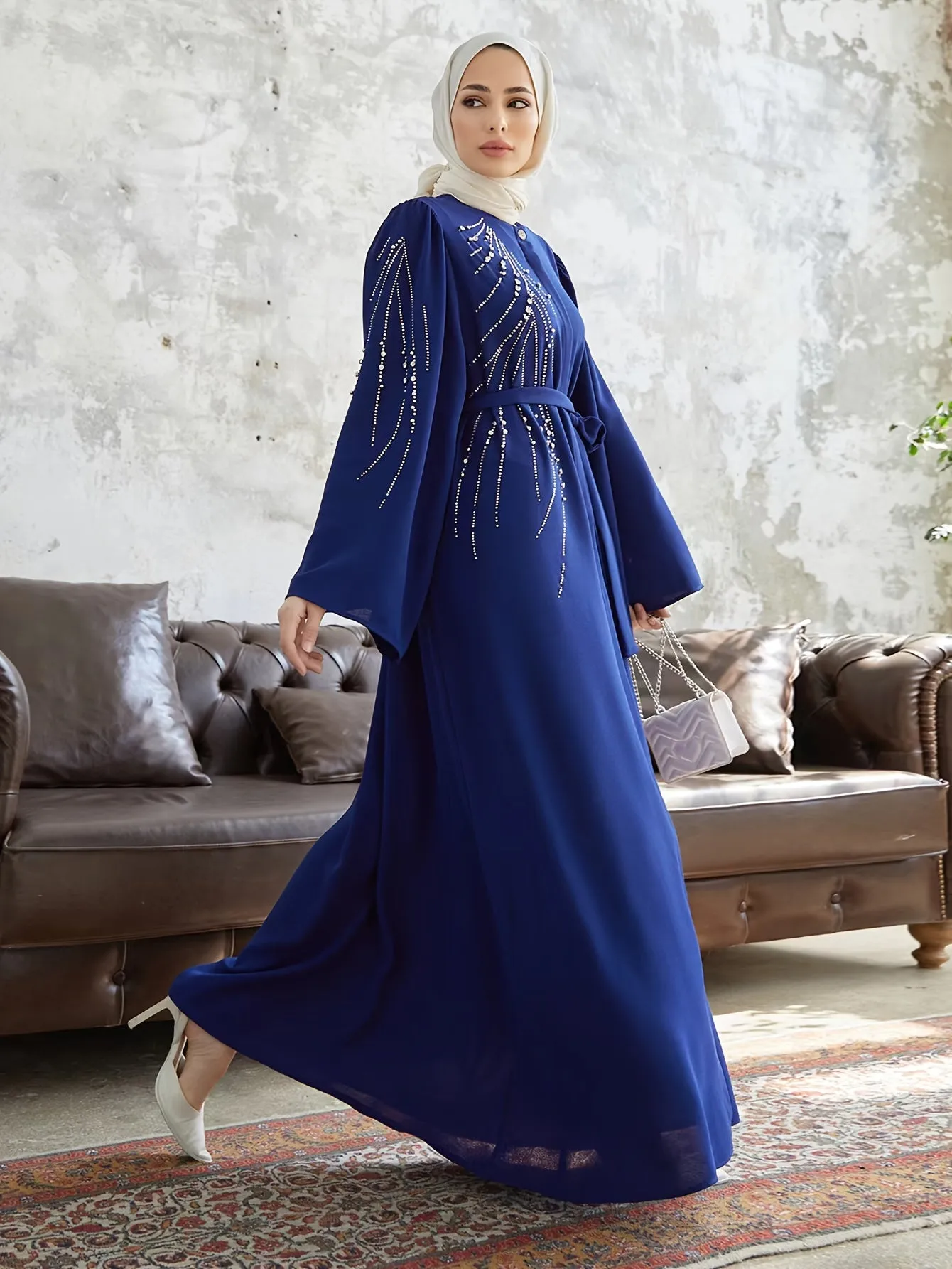 Stunning Beaded Tie Waist Maxi Dress - Elegant Flare Sleeve, Aline Silhouette, Modest and Chic Womens Clothing for All Occasions