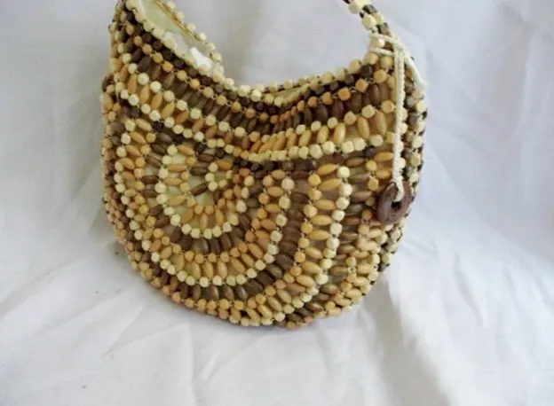 THE SAK BEAD boho hobo satchel shoulder bag BROWN WOOD hippy purse festival