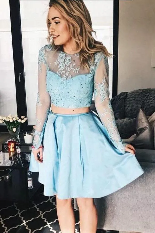 Two Piece Long Sleeve Light Sky Blue Homecoming Dresses, Cute Beaded Short Prom Dress UQ1867