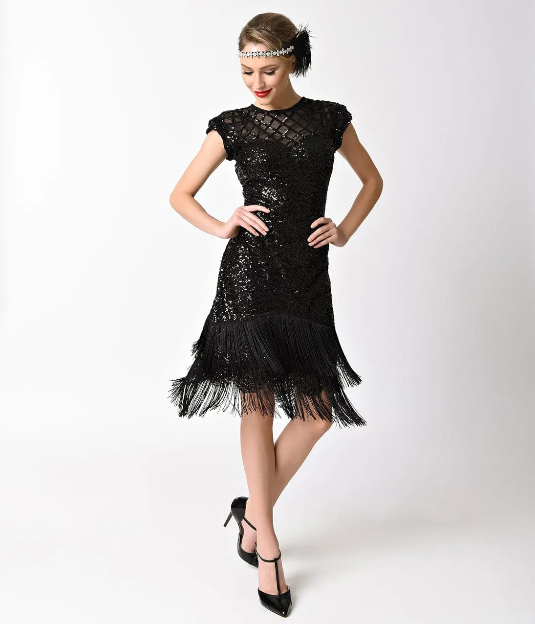 Unique Vintage 1920s Black Sequin Fringe Del Mar Flapper Dress