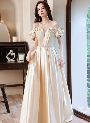 Uniwim 2024 Champagne Satin Long Off Shoulder Prom Dress, A-line Beaded Evening Dress