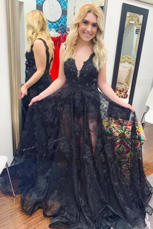 V Neck Open Back Black Lace Floral Prom Dress, Long Black Beaded Formal Dresses,Black Lace Evening Dress