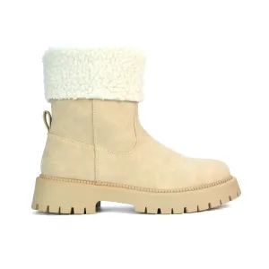 Vienna Faux Fur Chunky Biker Ankle Boots in Taupe PU