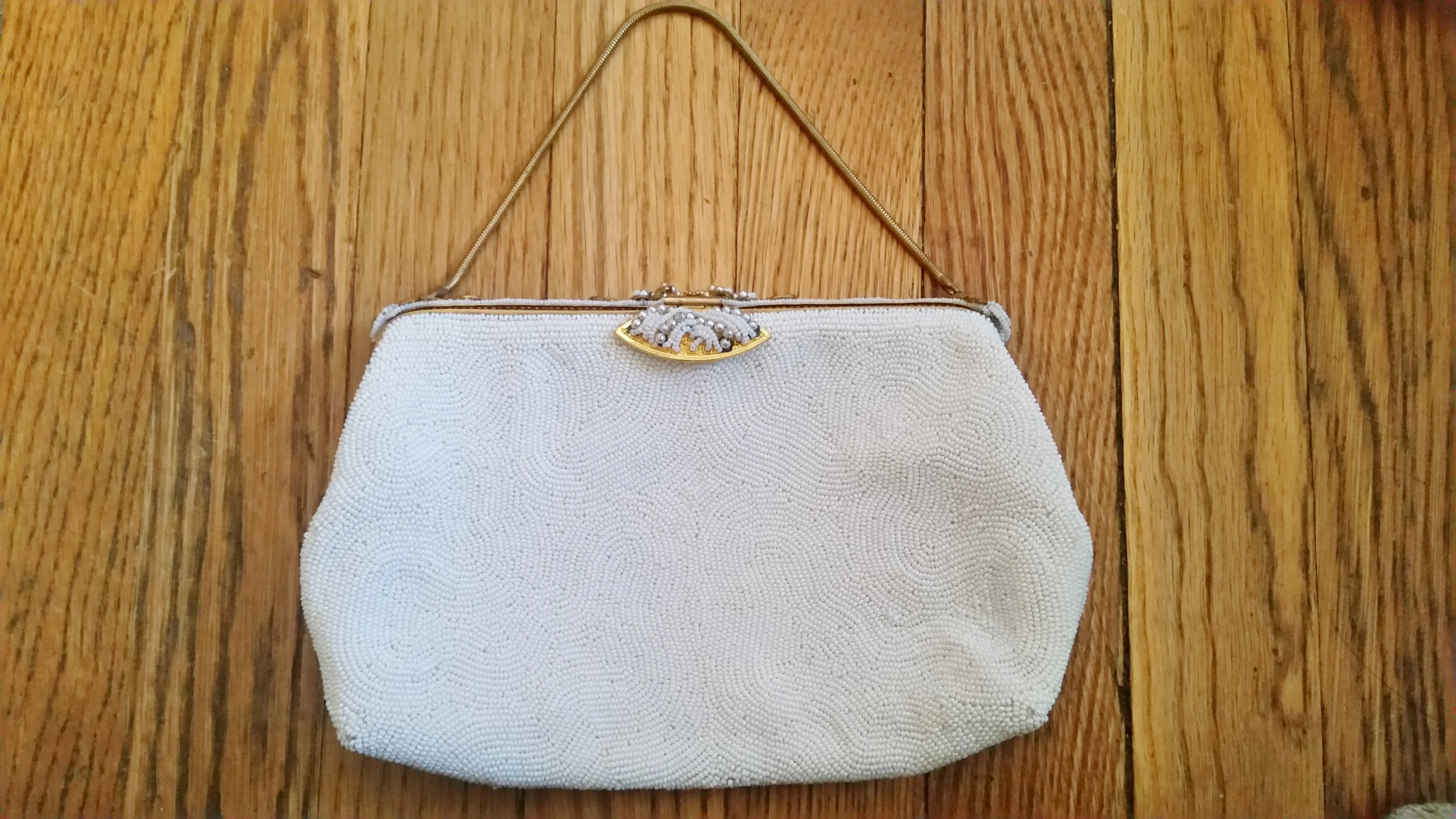 Vintage 40's French DORMAR FRANCE Bead Evening Bag Purse WHITE Pearl Clutch Vegan