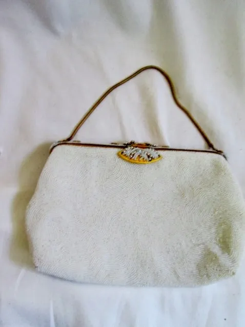 Vintage 40's French DORMAR FRANCE Bead Evening Bag Purse WHITE Pearl Clutch Vegan